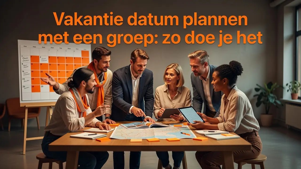 Groep mensen plant samen een vakantie rondom een tafel met kalender en kaarten